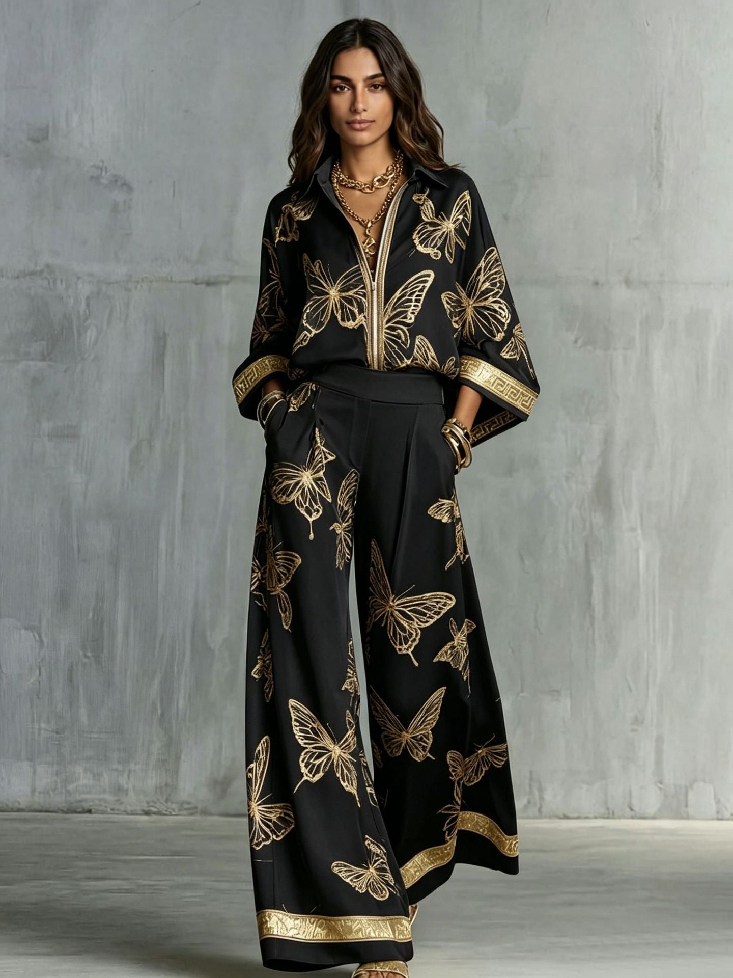 Style Women's Retro Printed Sexy Deep V Neck Loose Zipper Top with Wide Leg Pants Two-Piece Set eprolo