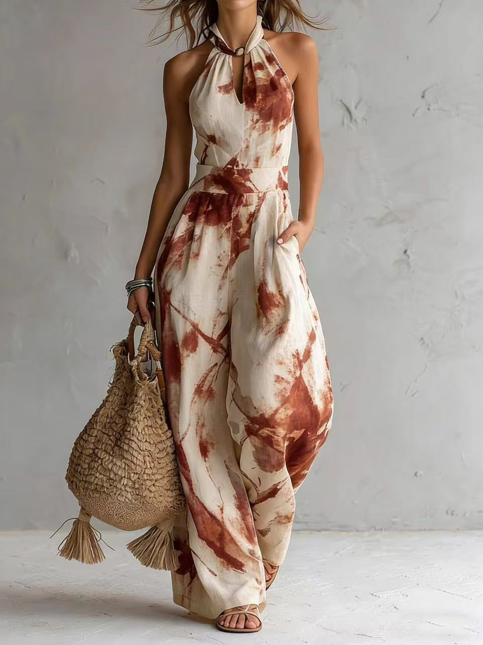 New halter backless jumpsuit, blue and white tie-dye wide-leg pants, summer beach women's wear eprolo