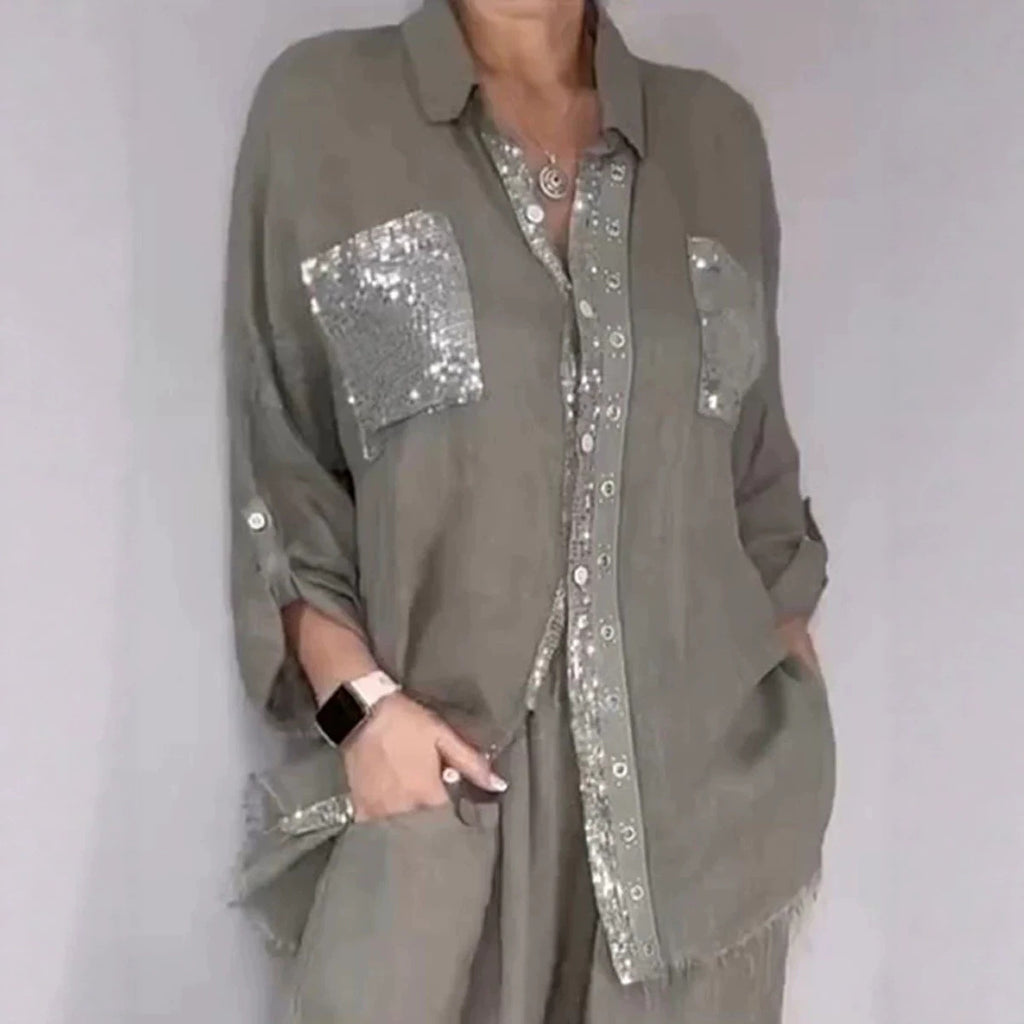 New Fashion Casual Women's Set with Pocket Placket and Gold Embellished Round Neck Design