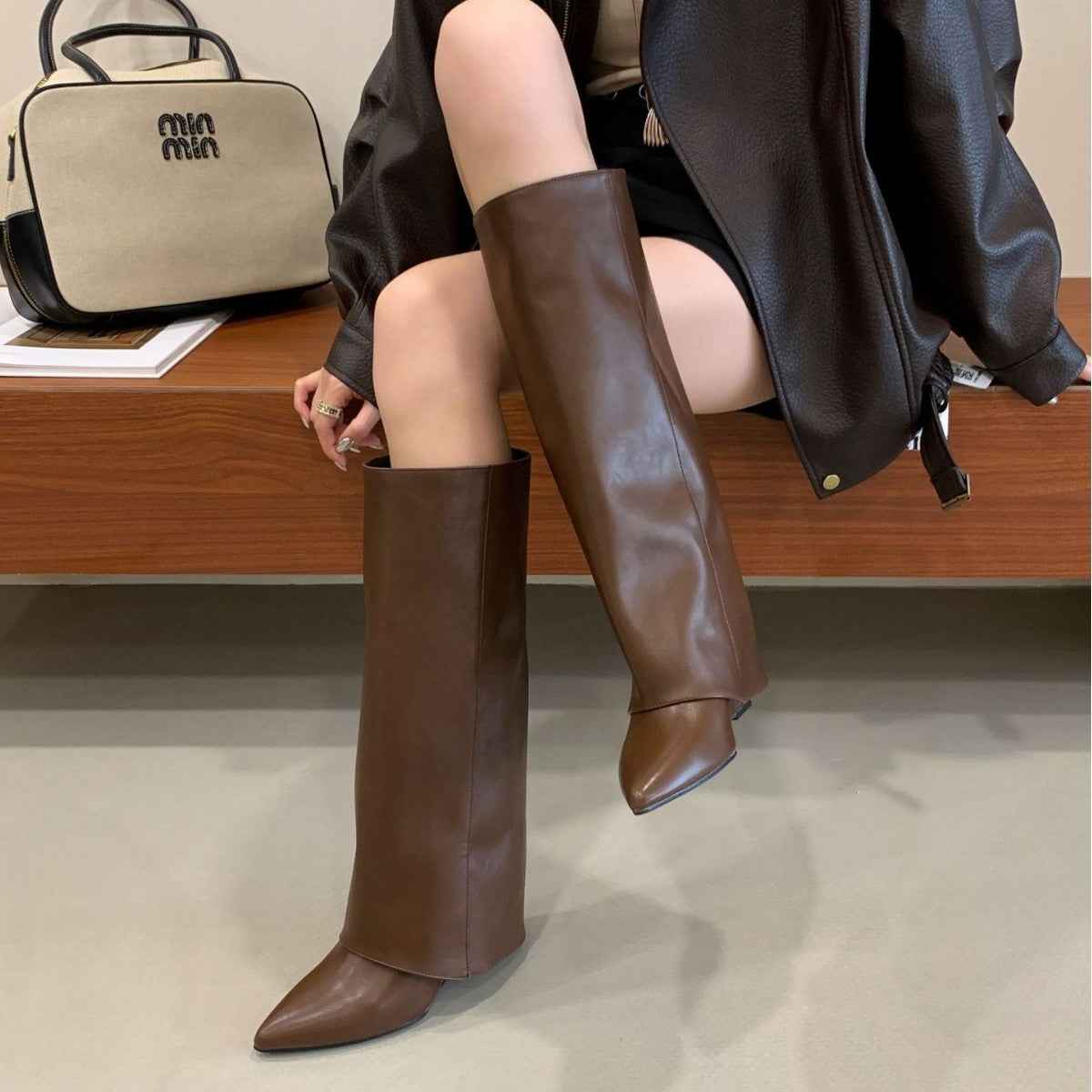 Fashionable Square Toe Slimming Versatile Flat Mid-Heel Elegant French Style Over-the-Knee Boots for Women
