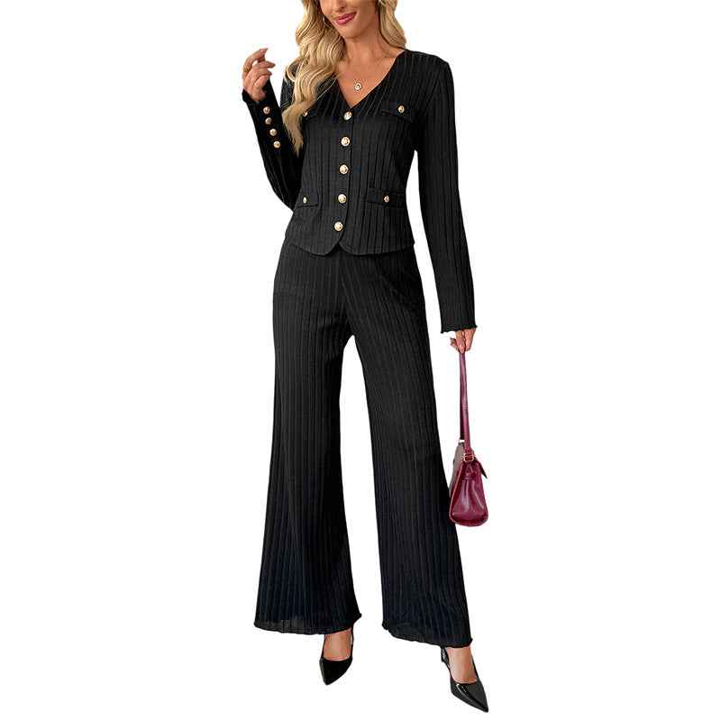 Elegant Casual Minimalist Style Coat and Solid Color Wide-Leg Pants Set for Women