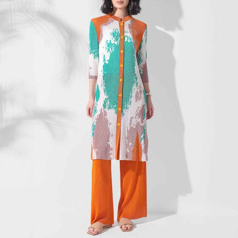 Folded print long jacket pants two-piece set stand collar button top wide leg pants two-piece set