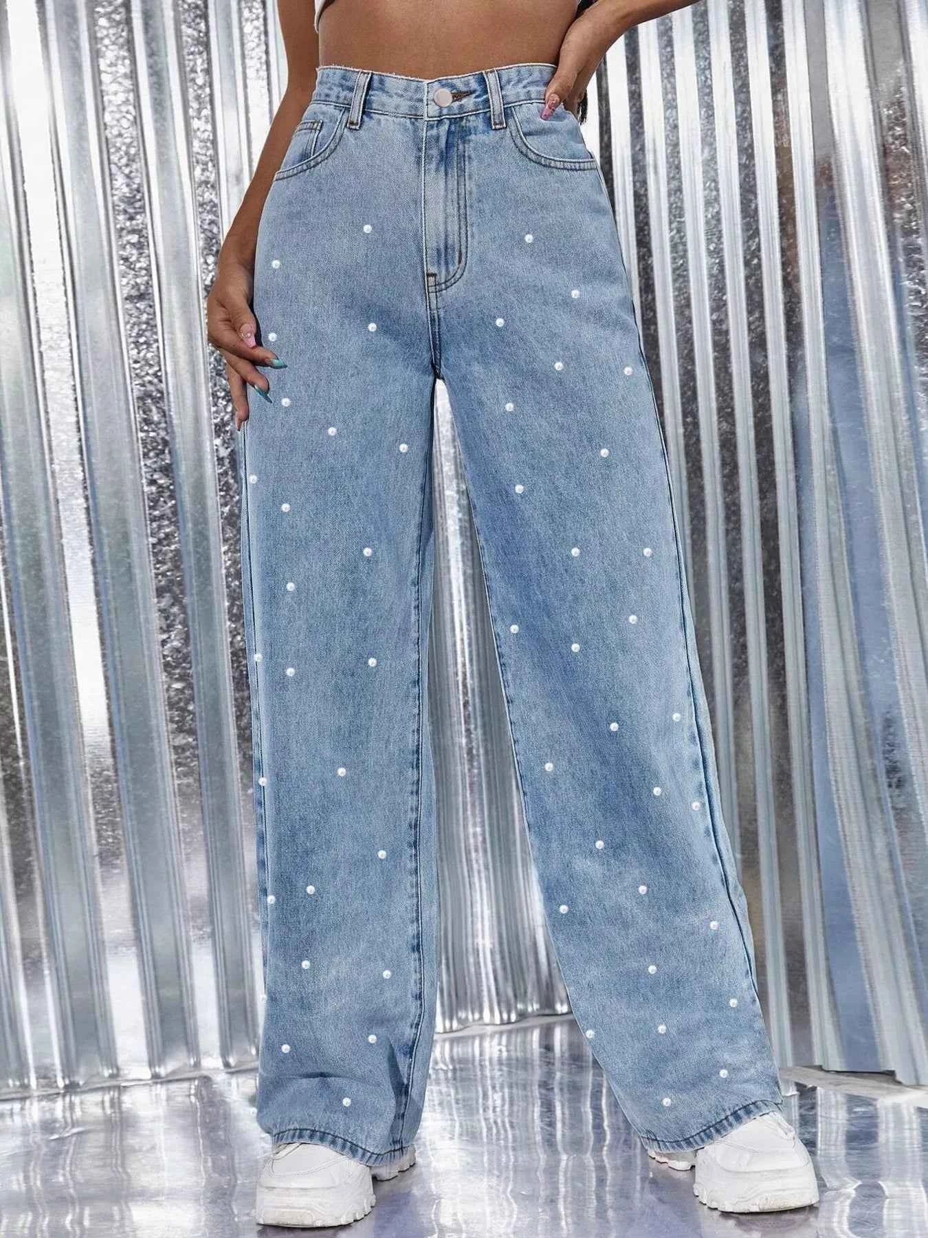 Pearl Embellished Wide Leg Jeans