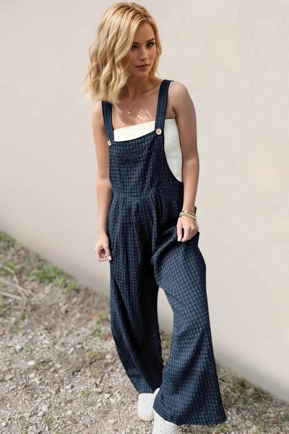 Oh Full Size Plaid Wide Leg Overalls with Pockets.