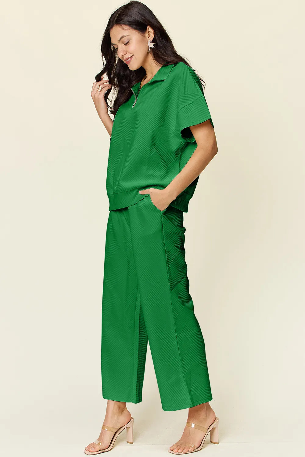 Double Take Full Size Texture Half Zip Short Sleeve Top and Pants Set - CHIC TB
