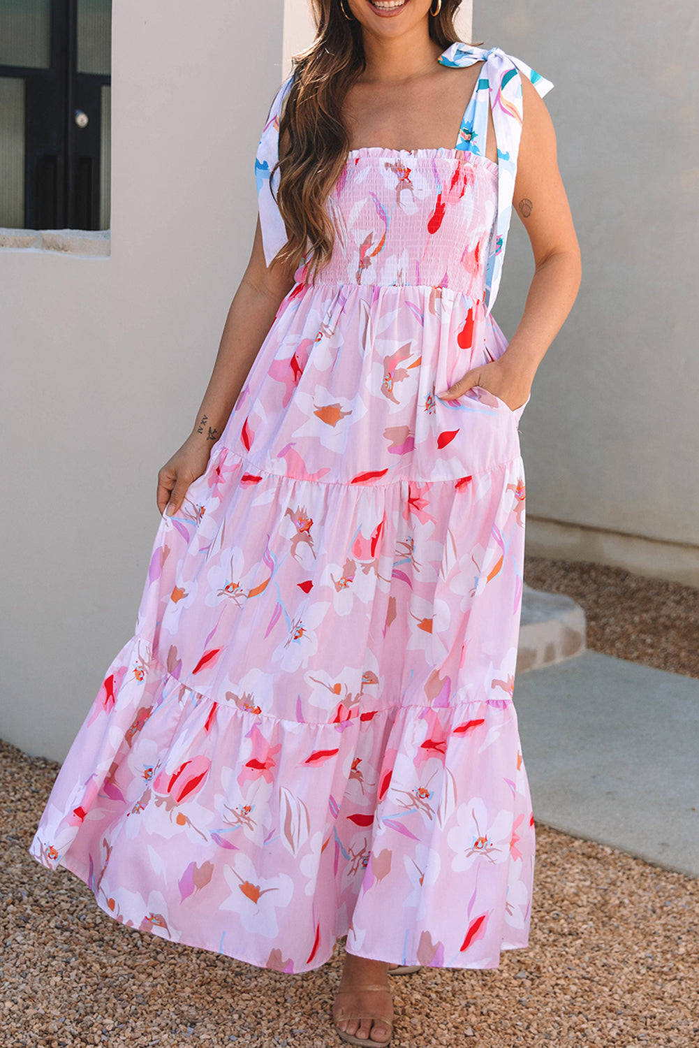 Pink Floral Print Knotted Shoulder Smocked Maxi Dress Dear-Lover Dropshipping