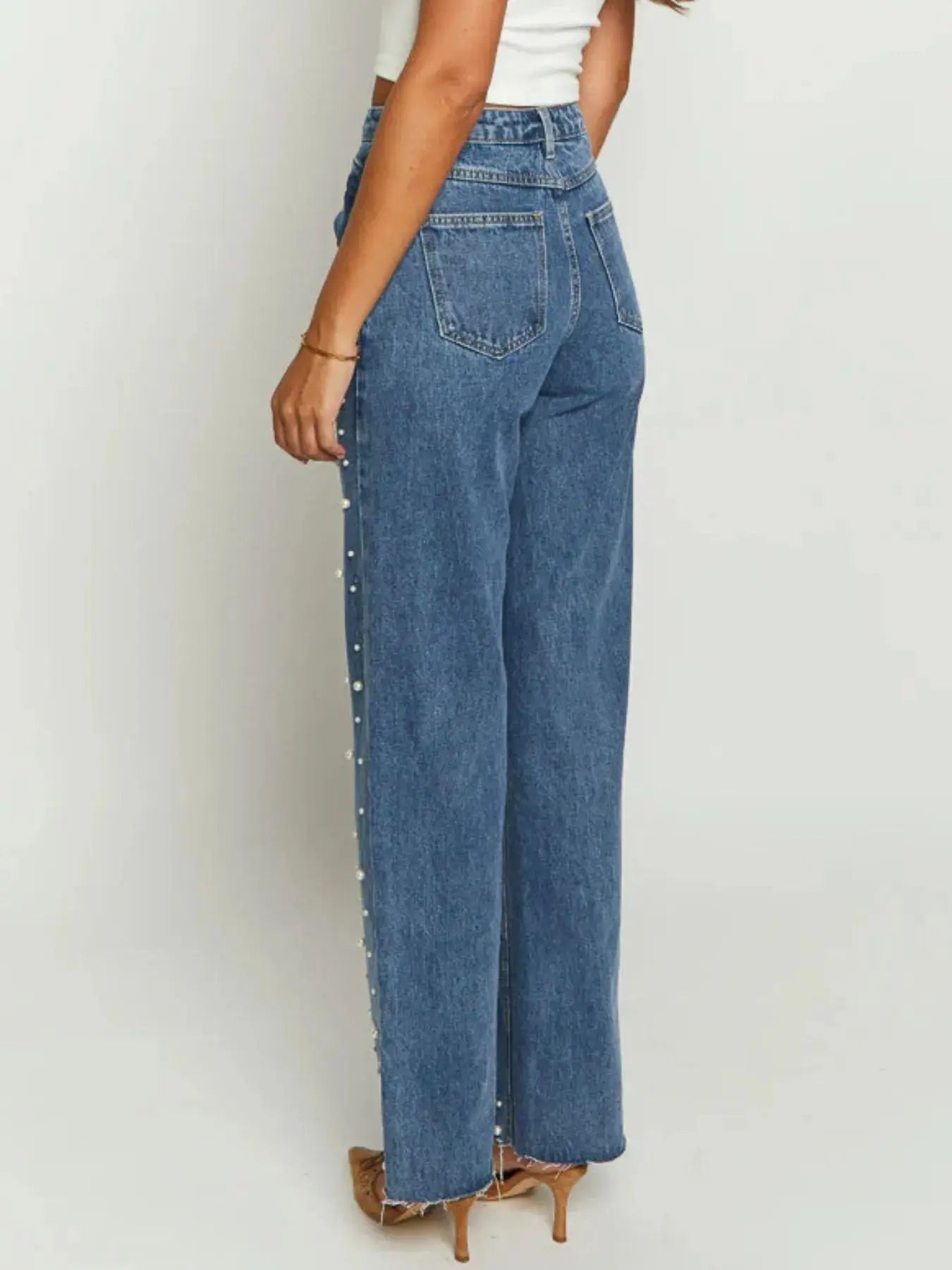 Pearl Embellished High Waist Straight Leg Jeans.
