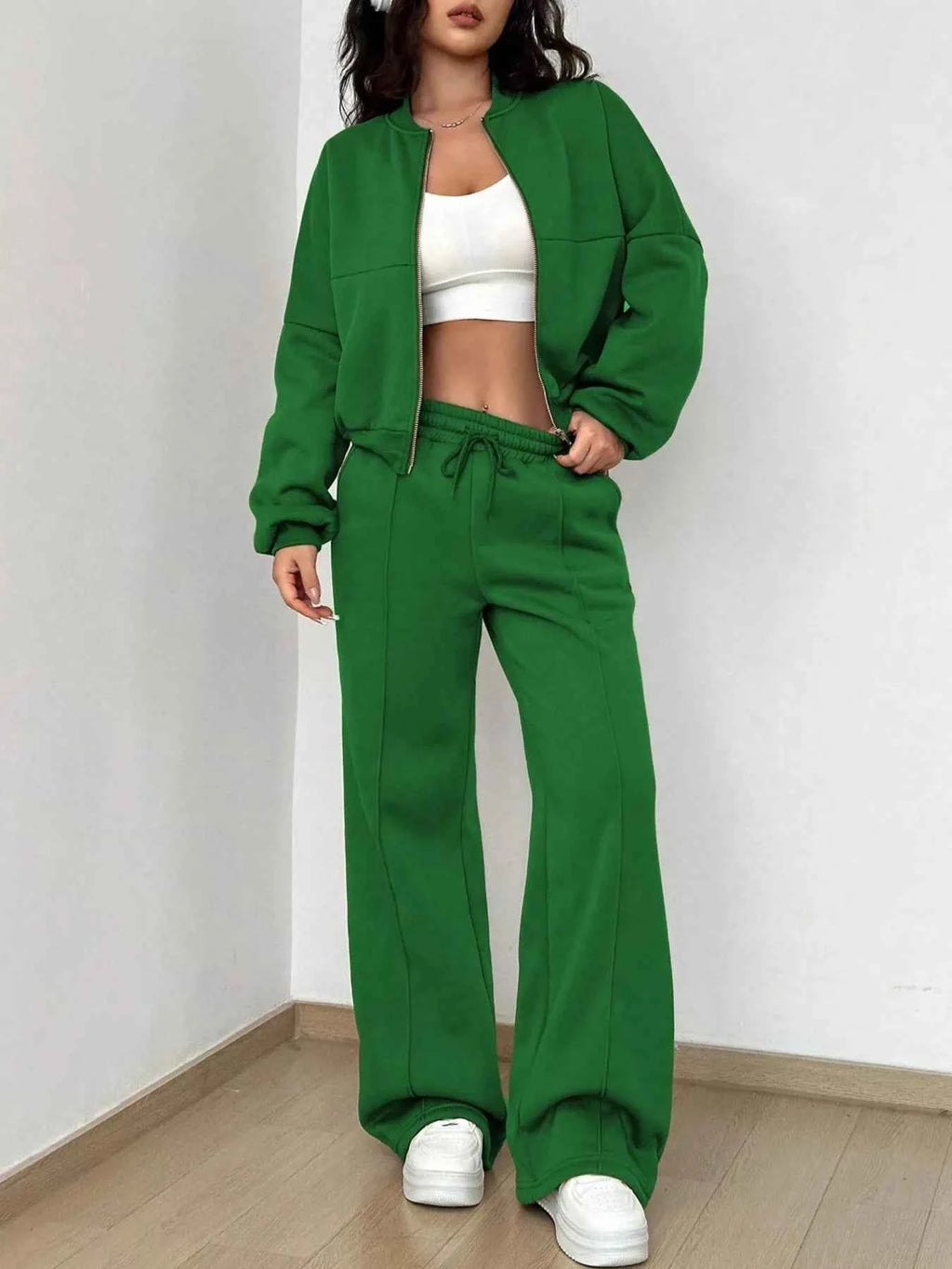 Casual Solid Color Zipper Jacket and Wide Leg Pants Set