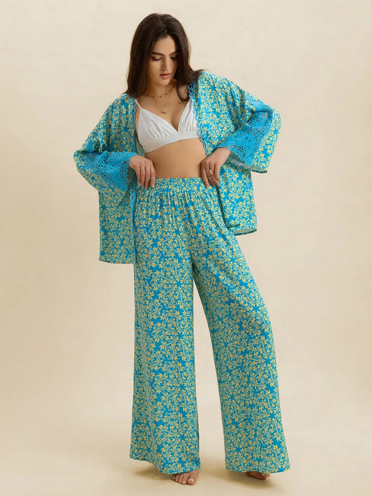 Open Front Printed Top and Pants Set - CHIC TB