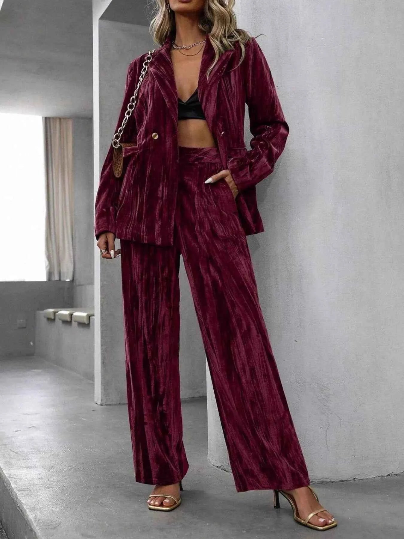 Lapel Collar Long Sleeve Blazer and Pants Set