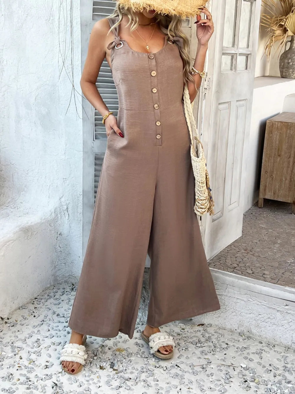 Devine Button Front Knotted Strap Wide Leg Jumpsuit.