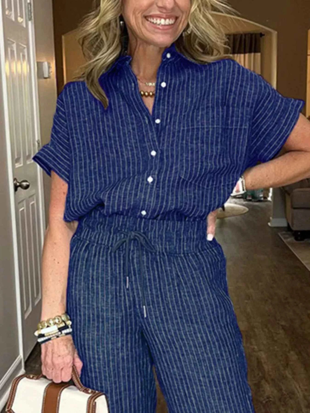 Full Size Striped Button-Up Shirt and Wide Leg Pants Casual Set Plus Size.