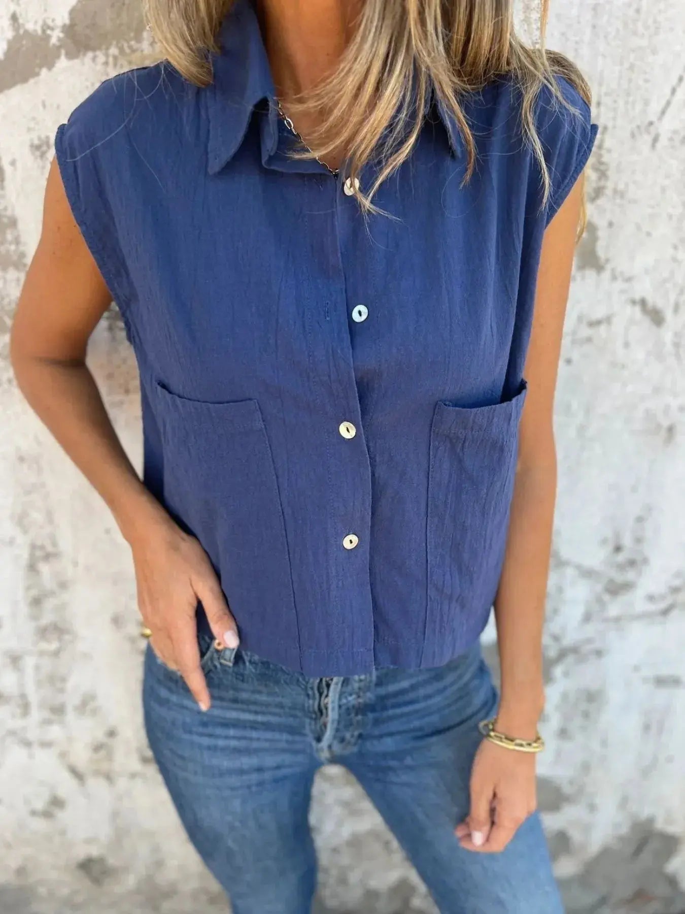 Full Size Textured Button-Front Sleeveless Shirt Plus Size.