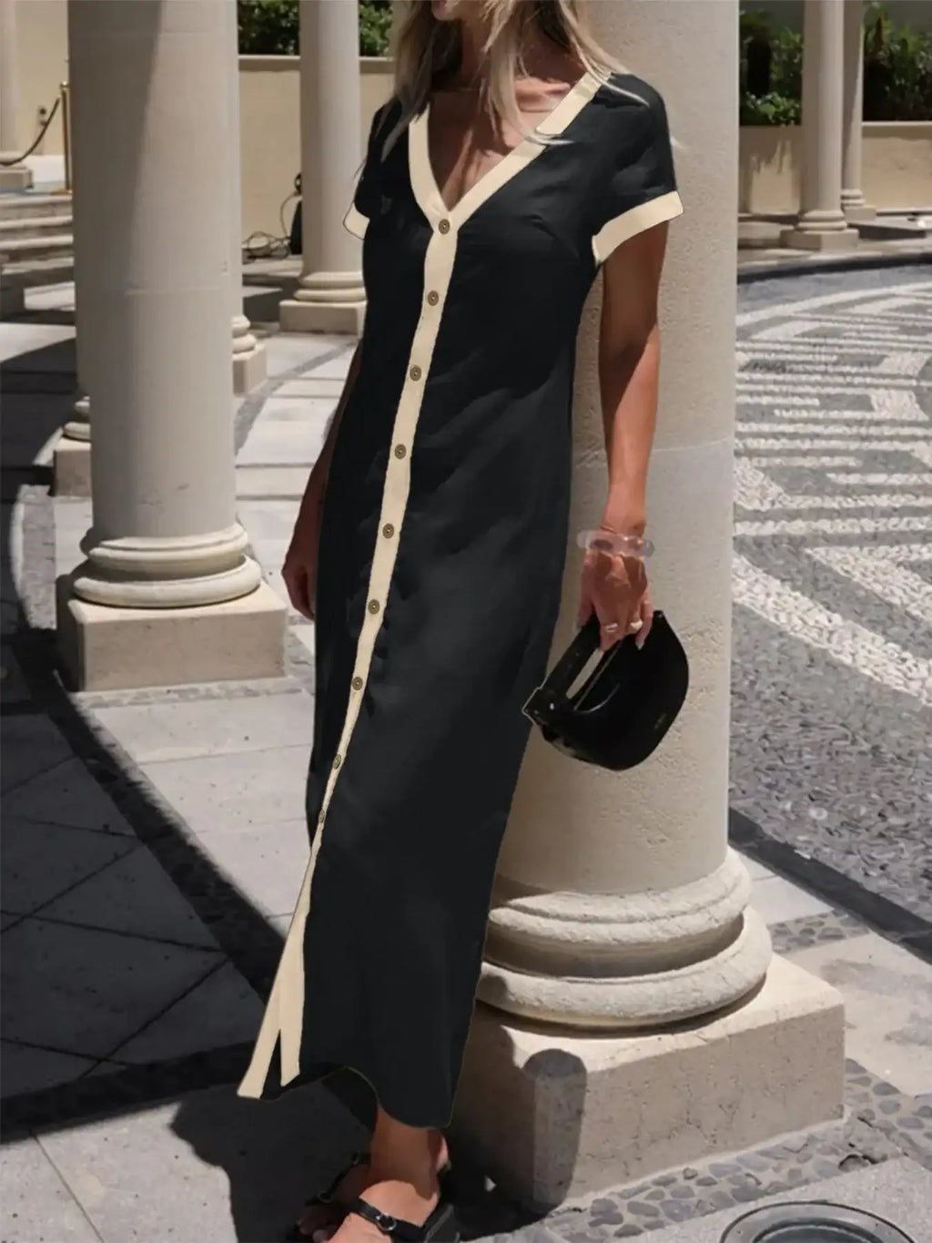 Button-Front Contrast Trim Midi Dress.