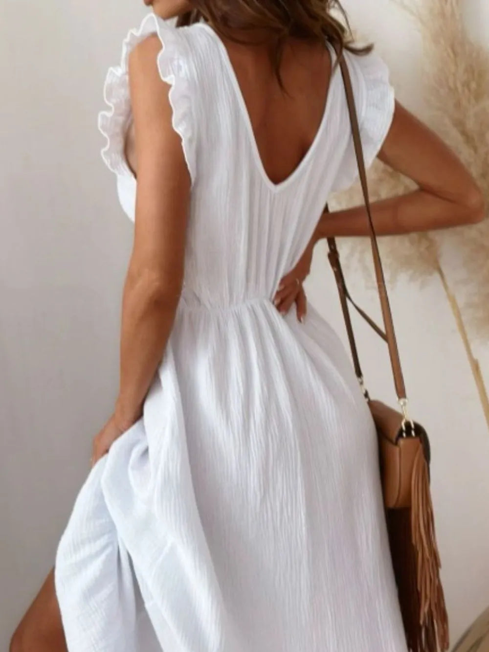 Ruffled V-Neck Cap Sleeve Maxi Dress.