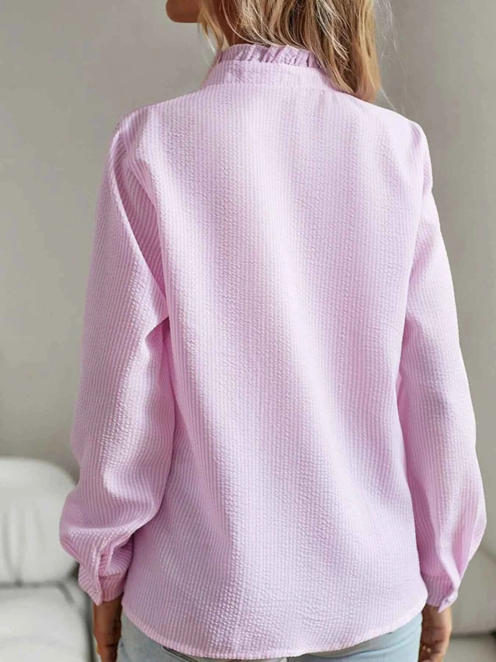 Striped Ruffle Detail Button-Up Blouse