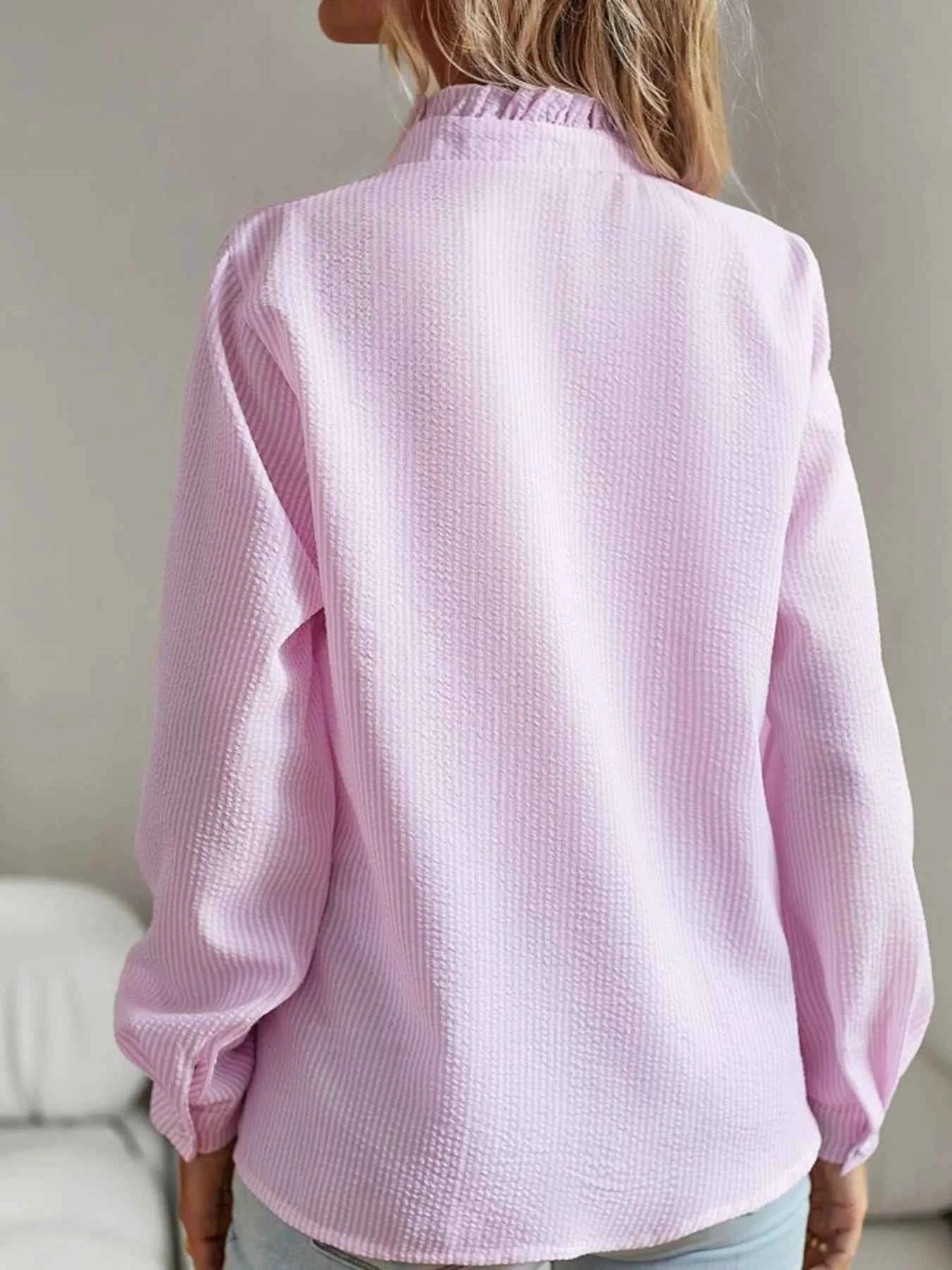 Striped Ruffle Detail Button-Up Blouse