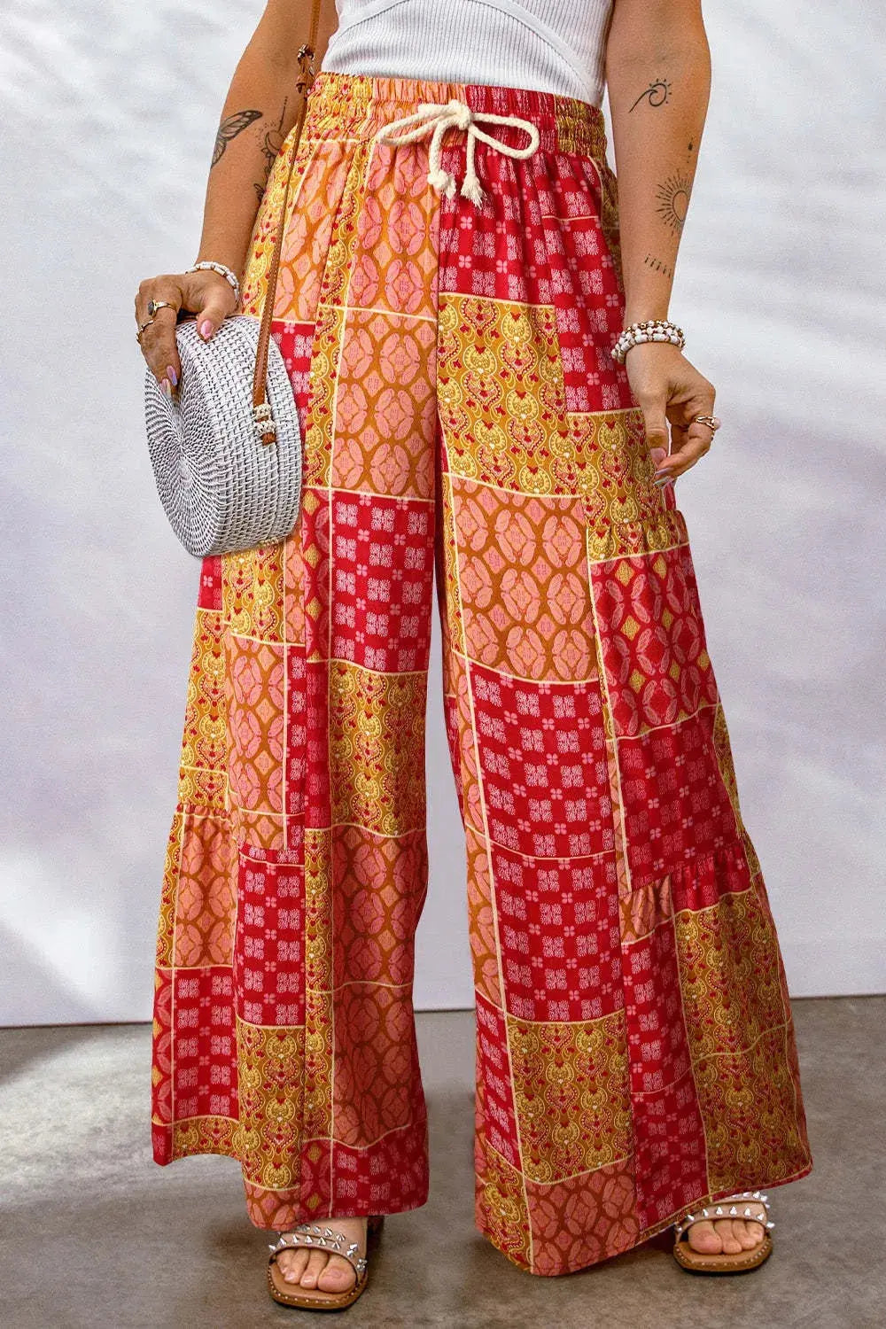 Full Size Drawstring Printed Wide Leg Pants.