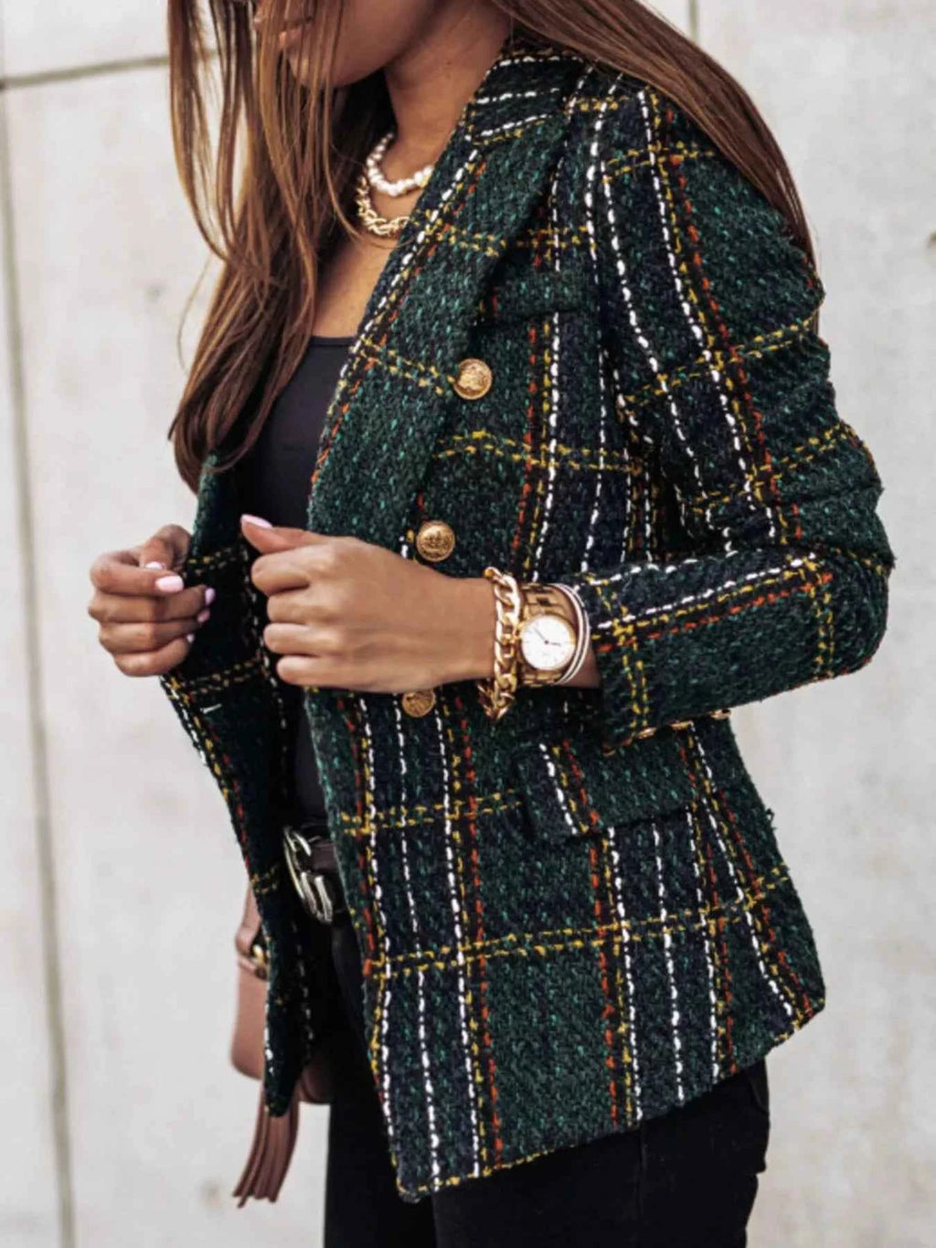 Full Size Plaid Tweed Double-Breasted Blazer Plus Size