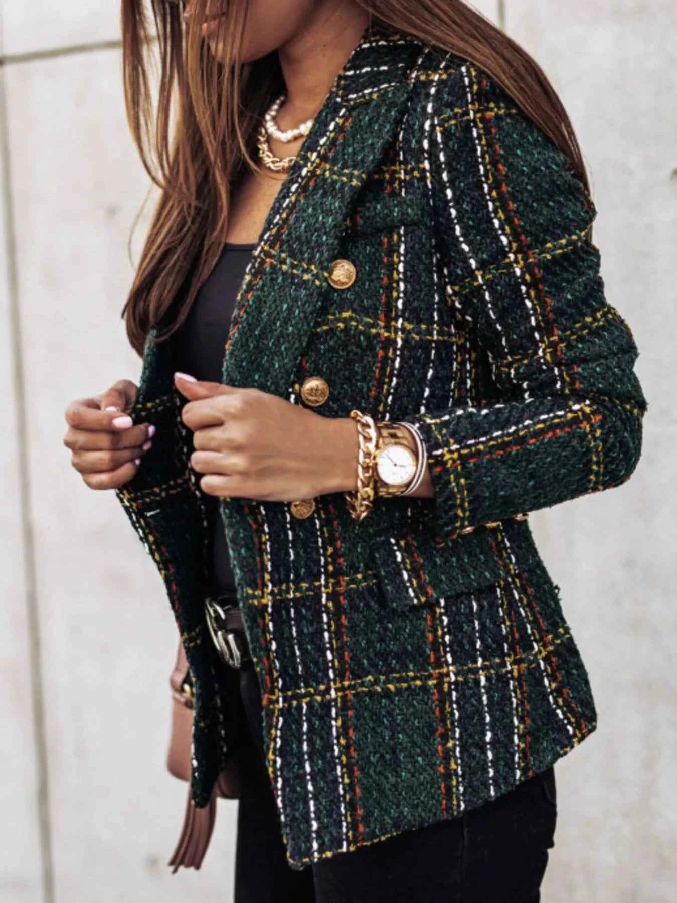 Full Size Plaid Tweed Double-Breasted Blazer Plus Size
