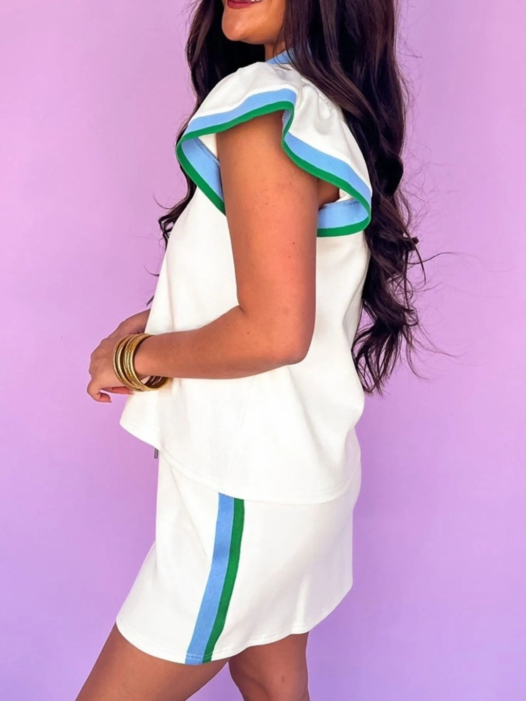 Contrast Trim Top and Mini Skirt Set.