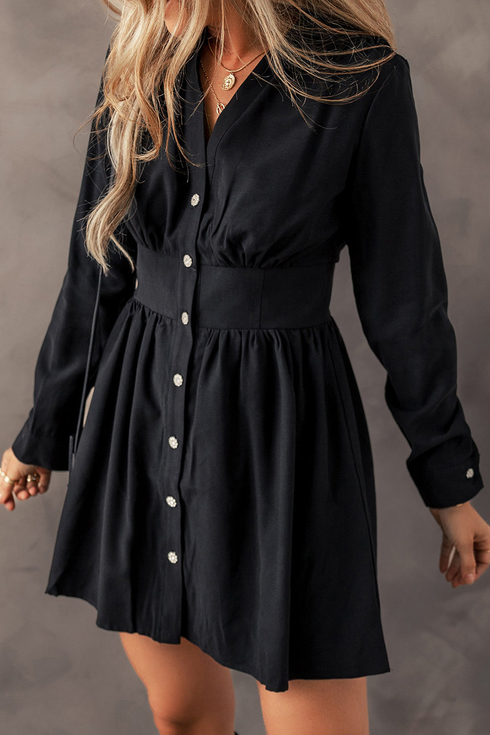 Black Elastic Cinched High Waist Long Sleeve Shirt Mini Dress Dear-Lover Dropshipping