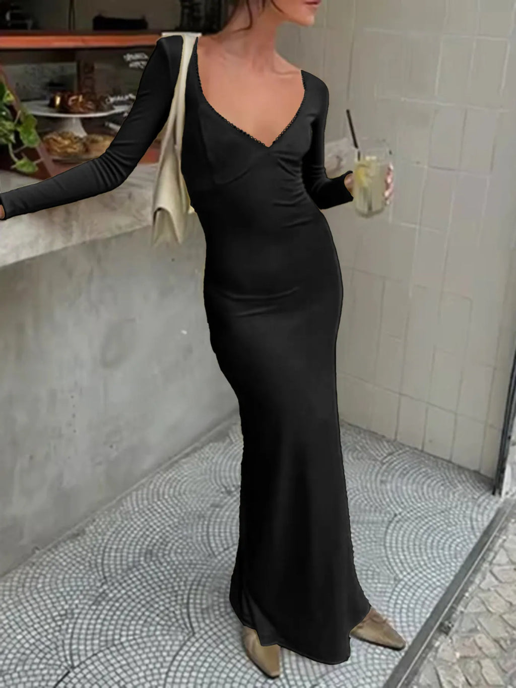 Deep-V Long Sleeve Slim Maxi Dress.