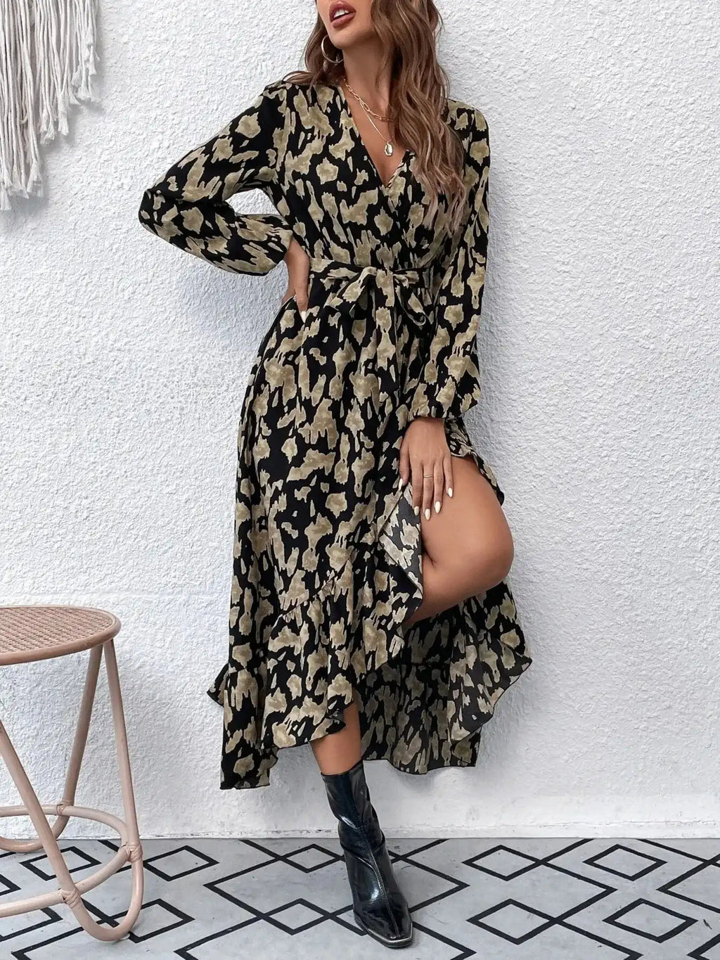 Leopard Surplice Balloon Sleeve Dress.