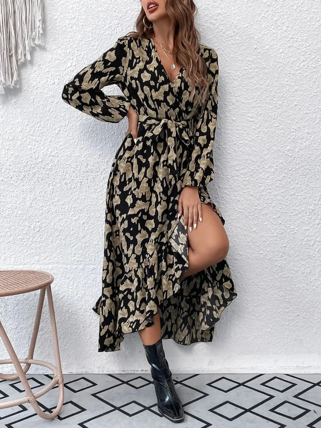 Leopard Surplice Balloon Sleeve Dress.