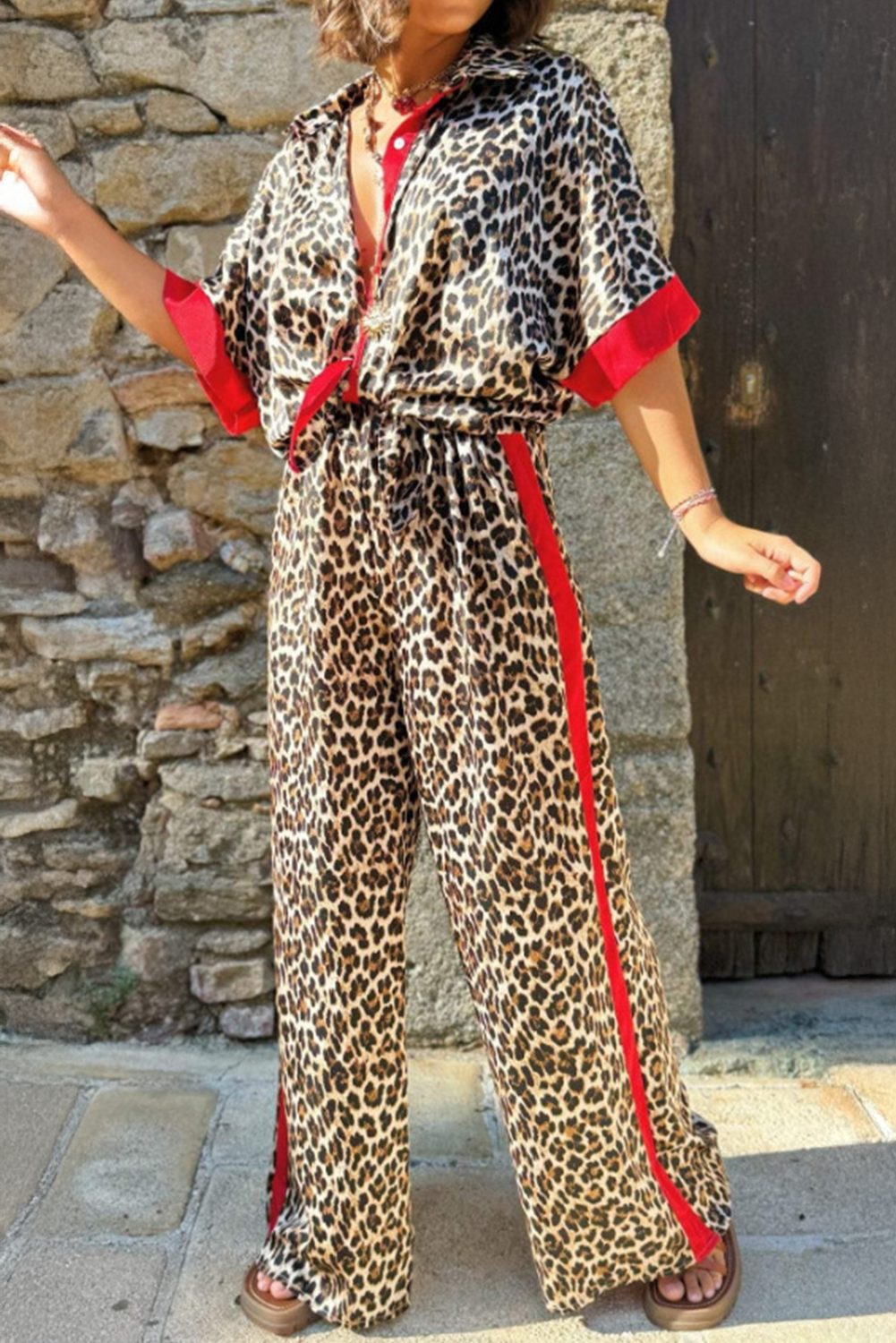 Multicolour Leopard Print Contrast Detail Short Sleeve Shirt and Loose Pants Set Dear-Lover Dropshipping