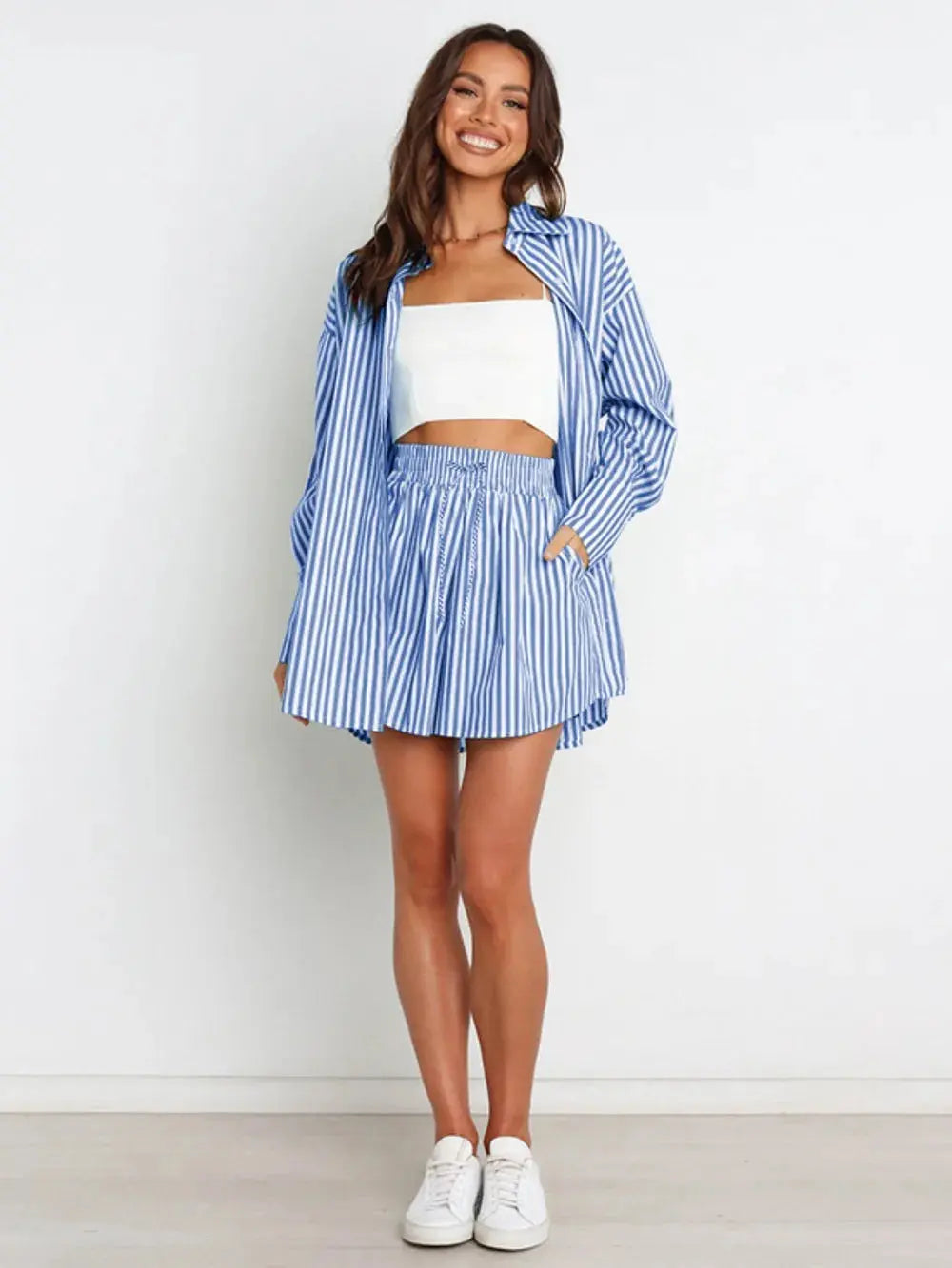 Striped Dropped Shoulder Shirt and Shorts Set.