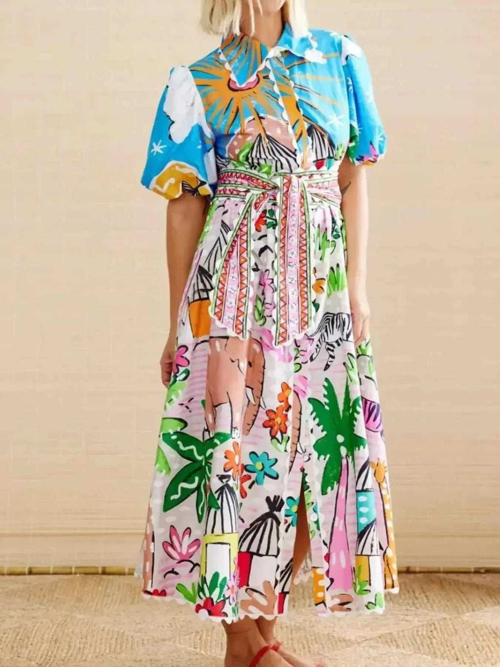 Button Down Tropical Short Sleeve Shirt Dress