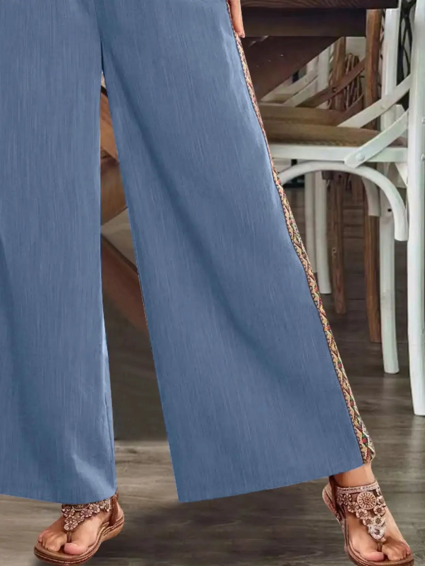 Bohemian Wide Leg Embroidered Side Stripe Pants.