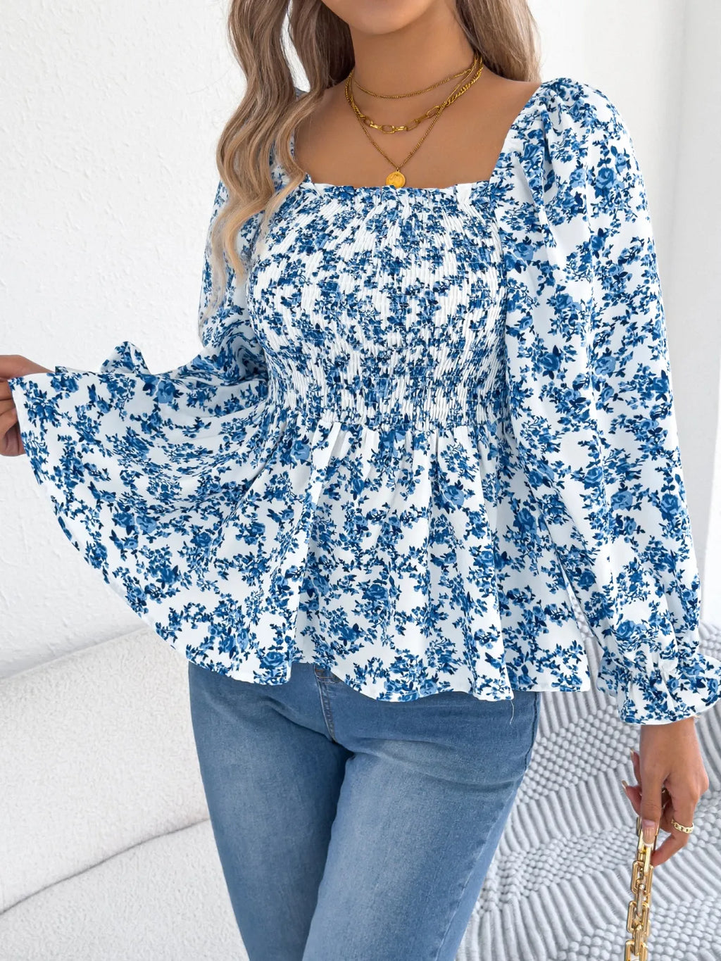 Floral Square Neck Flounce Sleeve Blouse.