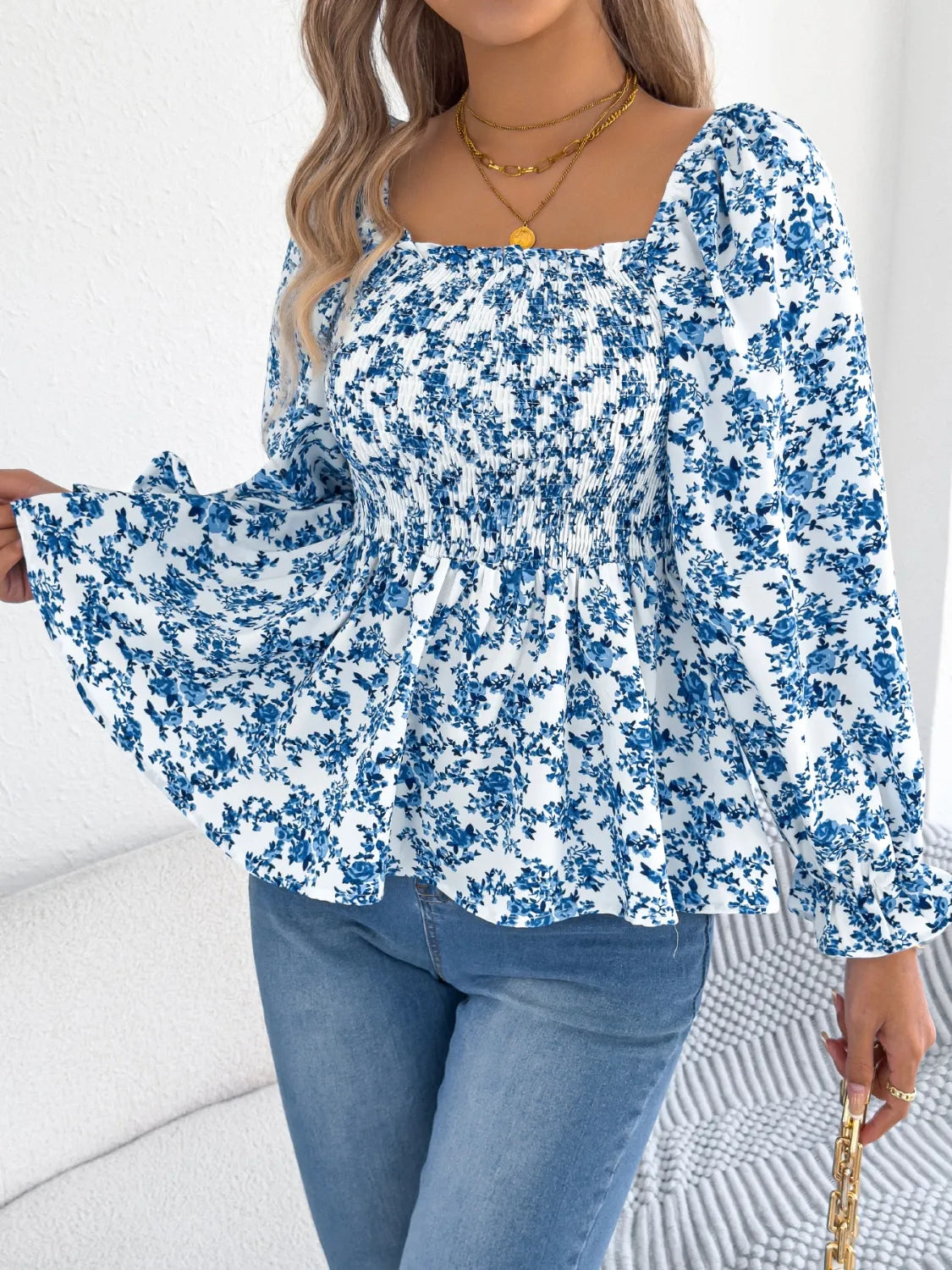 Floral Square Neck Flounce Sleeve Blouse.
