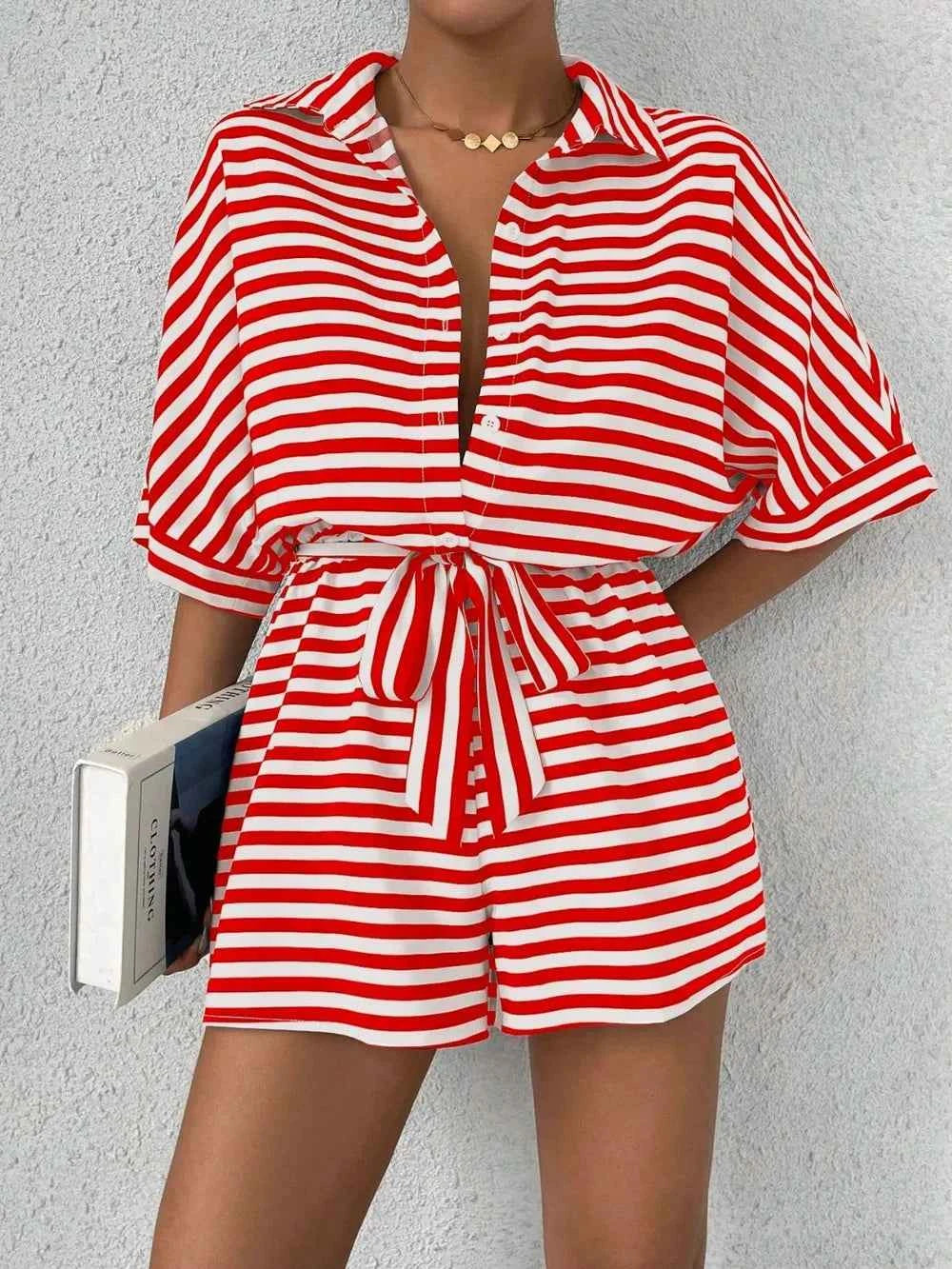 Tie Waist Half Button Striped Romper