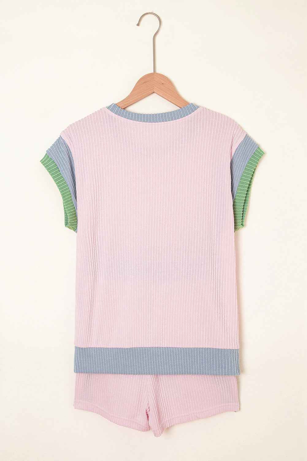 Light Pink Colorblock Corded Short Sleeve Boxy Top and Shorts Set