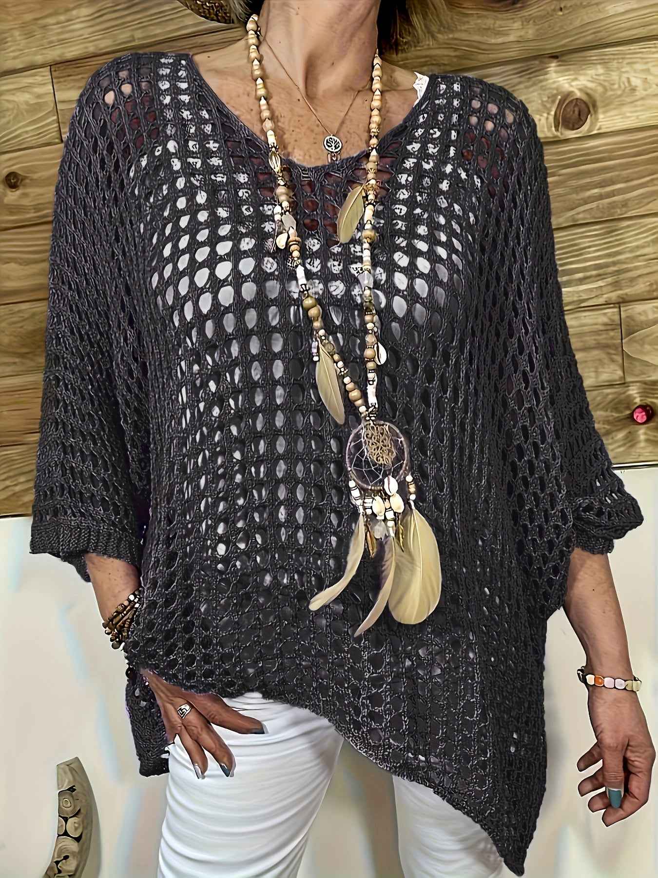V Neck Hollow Out Knit Tunic Top Batwing Half Sleeve Loose Mesh Cover Up