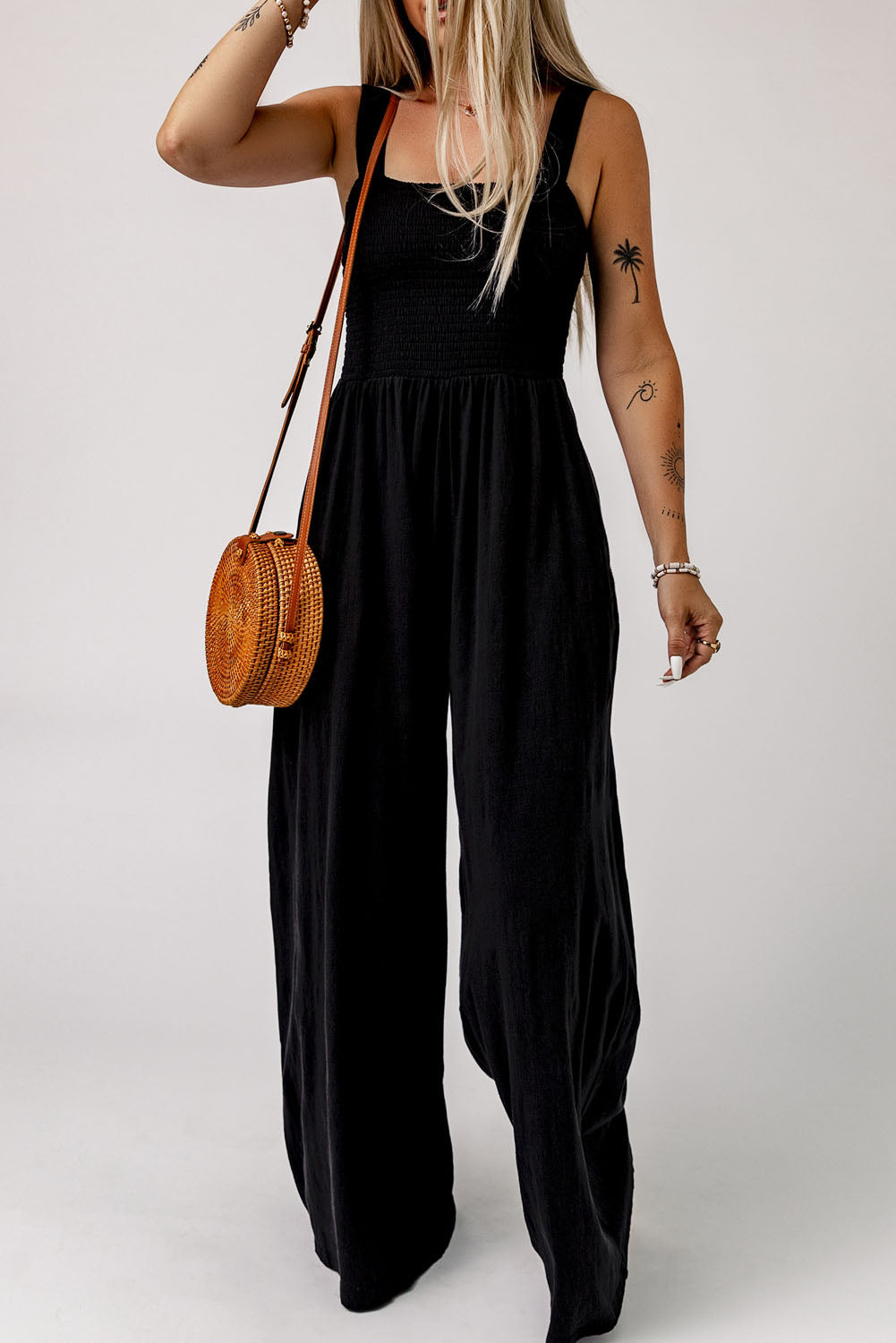 Black Smocked Sleeveless Wide Leg Jumpsuit with Pockets Dear-Lover Dropshipping