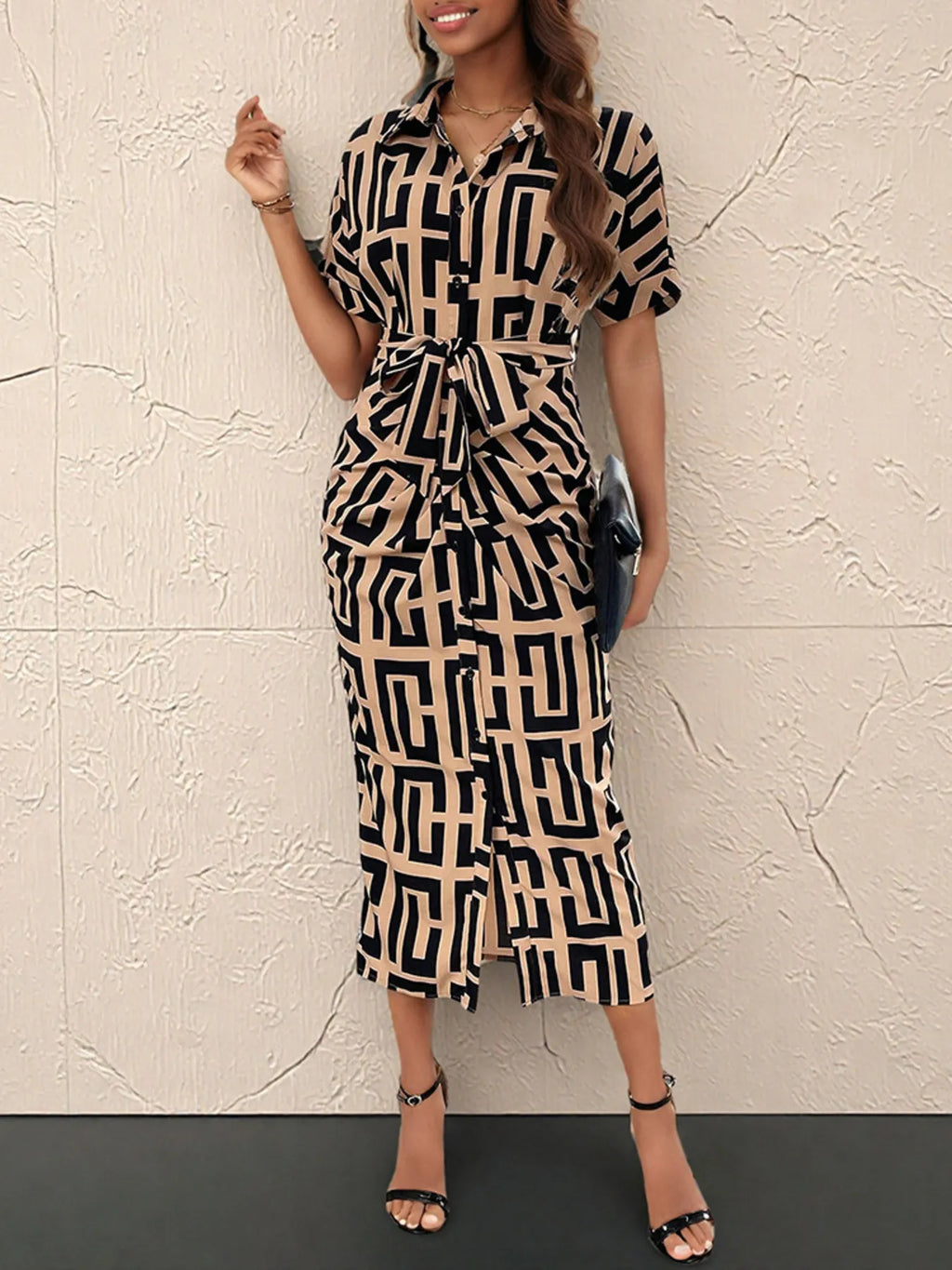 Geometric Print Belted Midi Dress.