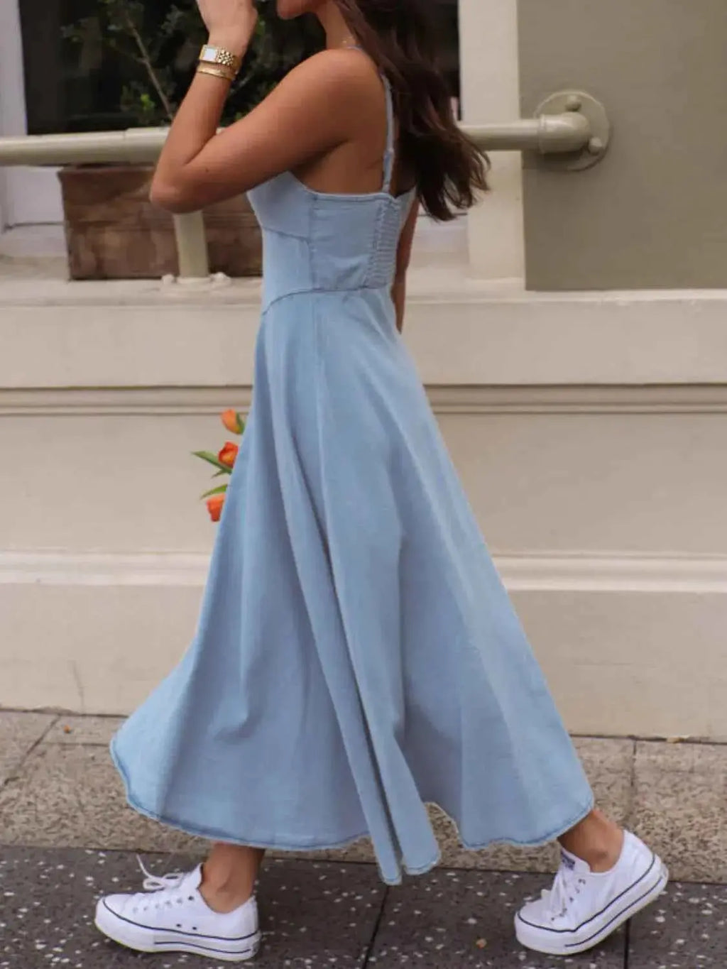 Smocked Sweetheart Neck Midi Cami Dress.