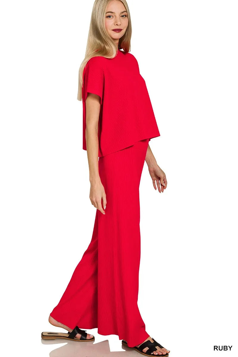 Zenana Viscose Sweater Short Sleeve Top and Pants Set.