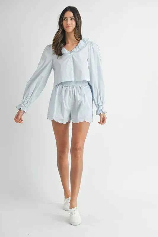 Long Sleeve Scallop Blouse and Shorts Set