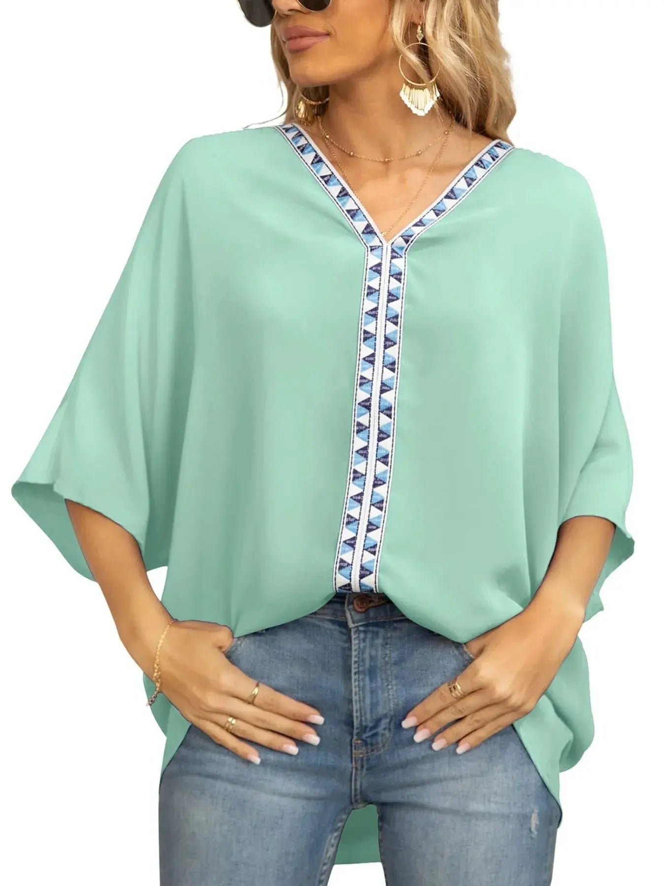 Oversized Contrast V-Neck Half Sleeve Blouse.
