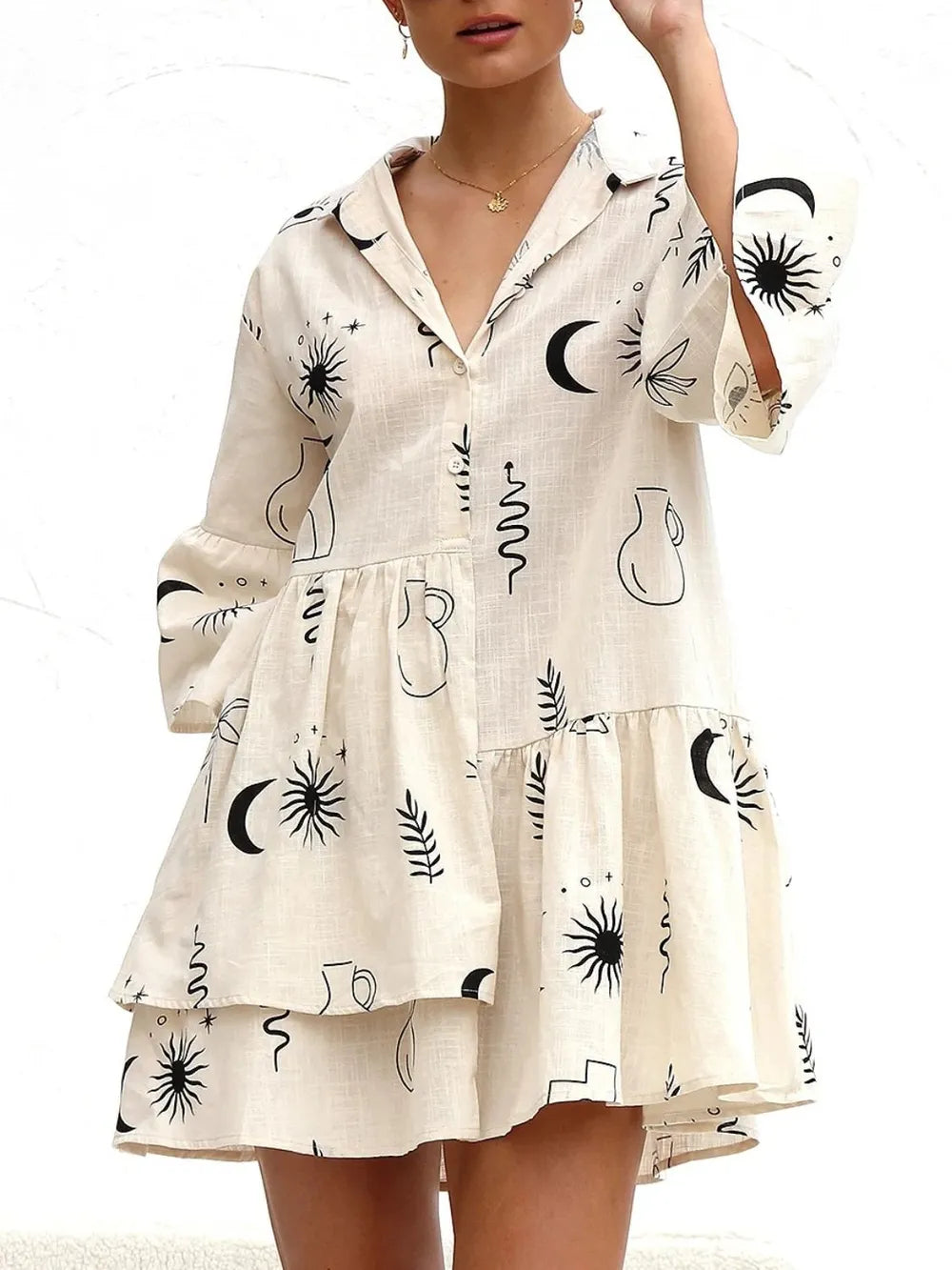 Printed Collared Neck Three-Quarter Sleeve Mini Dress.