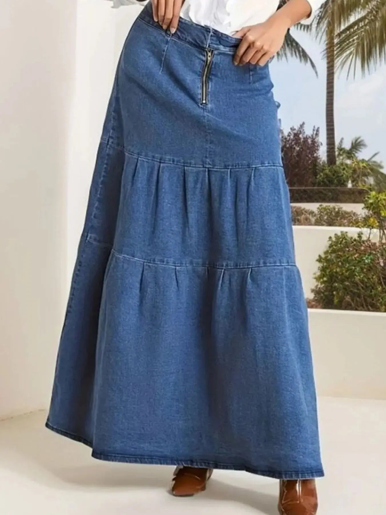 Tiered Maxi Denim Skirt with Zipper Detail.
