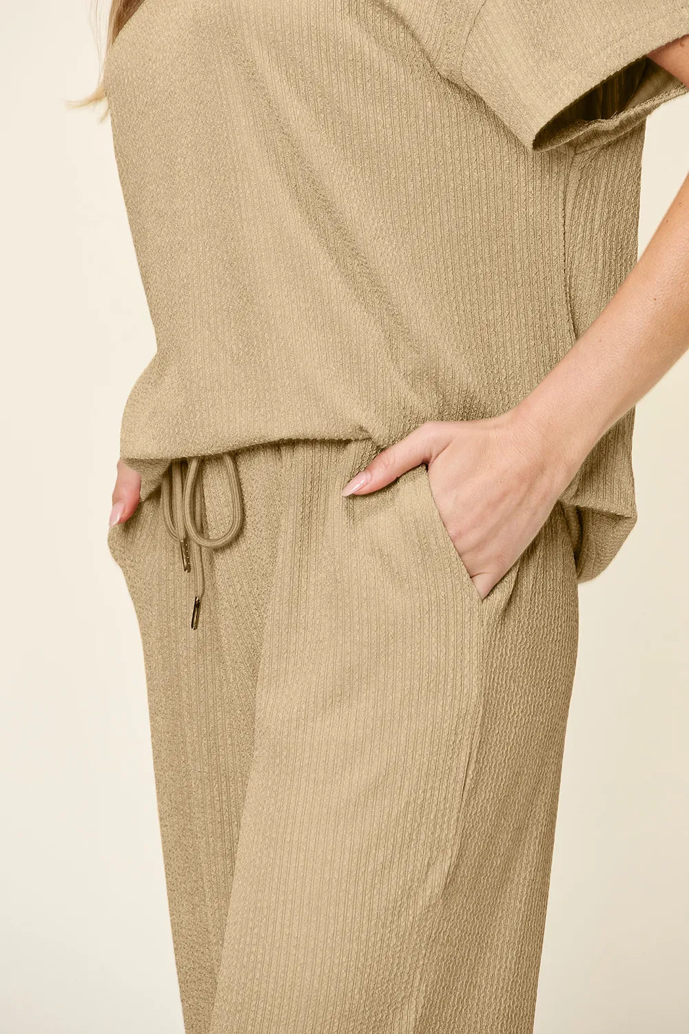 Double Take Full Size Texture Round Neck Short Sleeve T-Shirt and Wide Leg Pants - CHIC TB