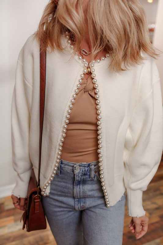 Pearl Embellished Open-Front Cardigan