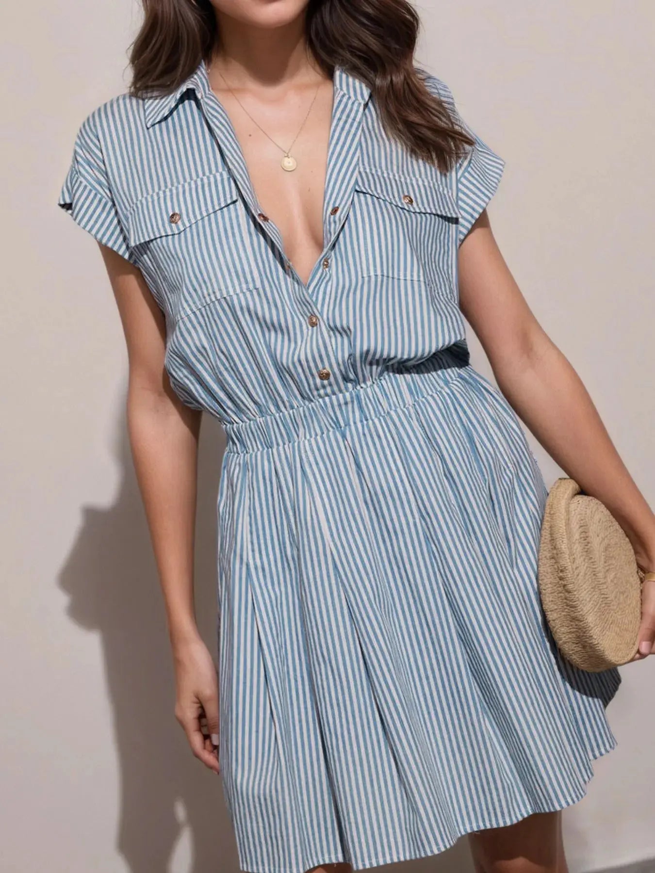 Hlaf Button Striped Cap Sleeve Mini Shirt Dress.