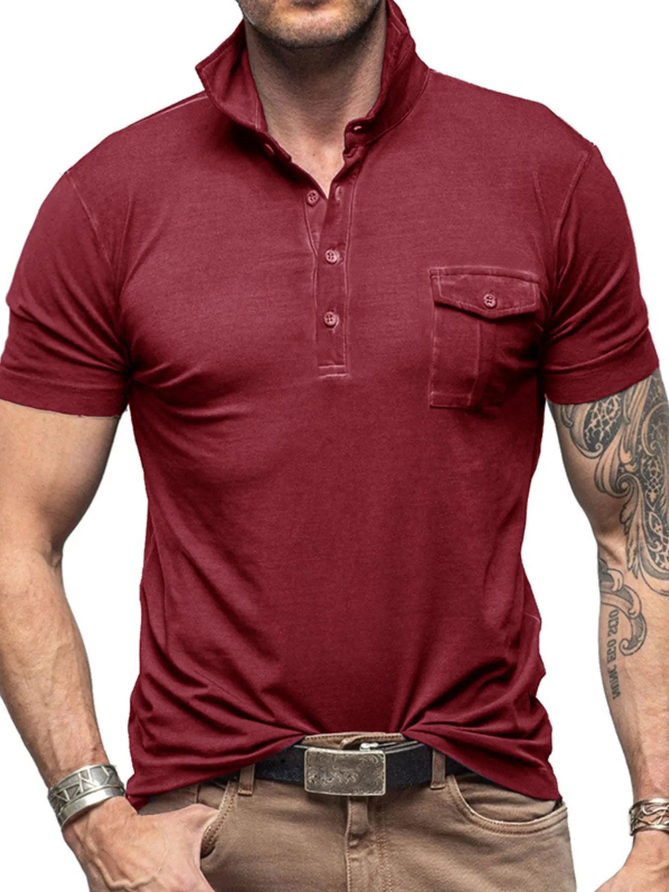 Men's Classic Pocket Polo Shirt with Stand Collar.